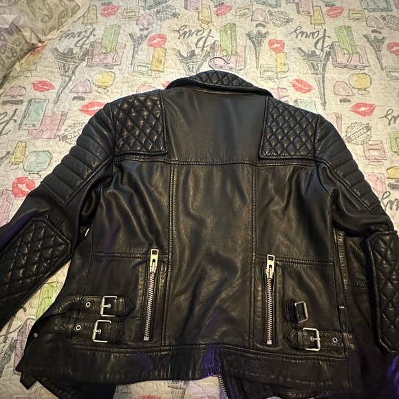 All Saints Black Leather Biker Jacket with Quilted Shoulders (Papin) - Picture 7 of 11